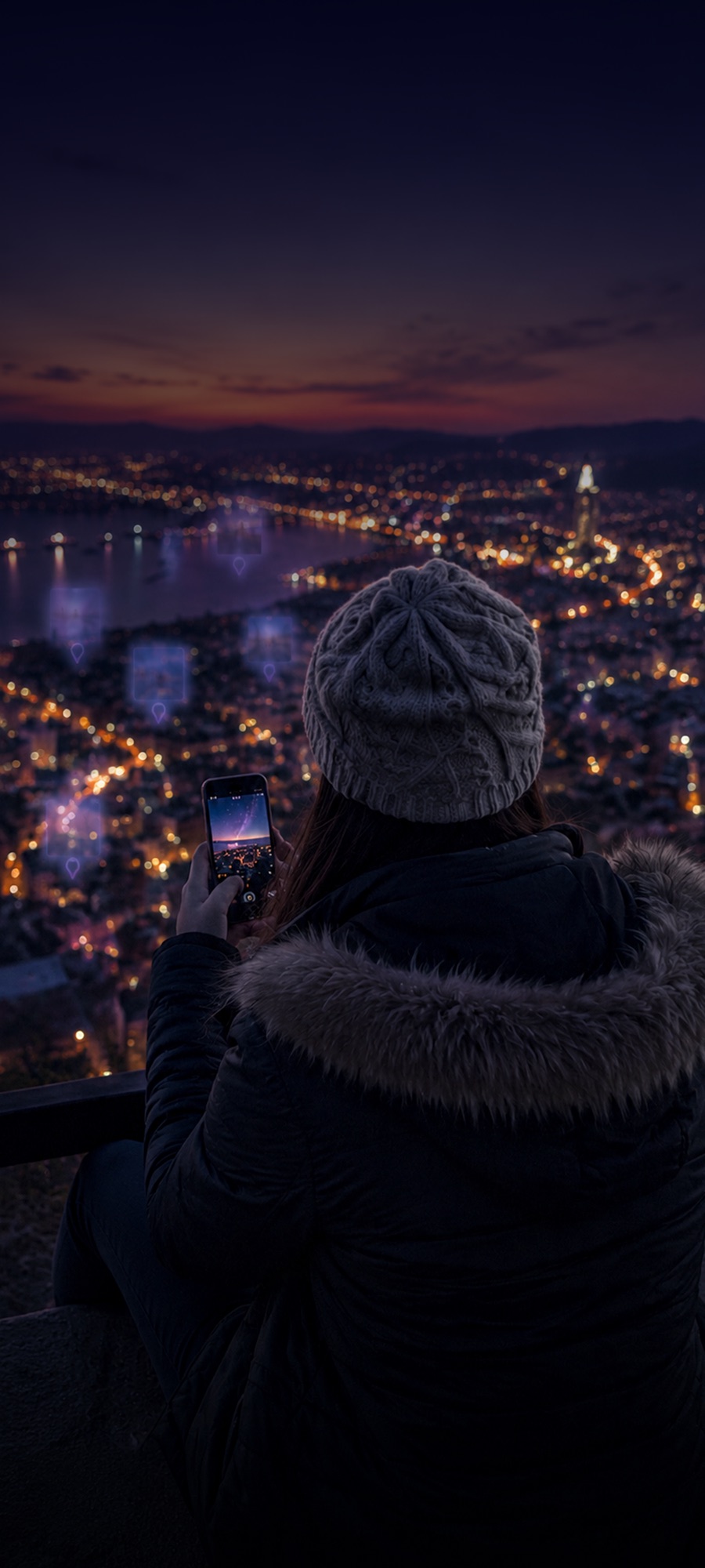 A person discovering location-based memories in a city at dusk
